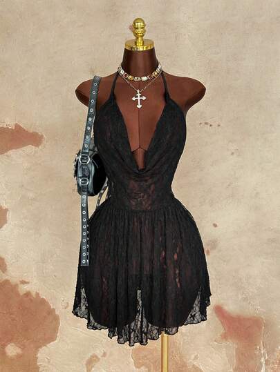 Sunspun Plus Size Women Plunging Neck Sexy Lace Dress