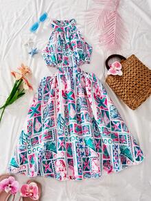 SHEIN Đầm không tay cổ yếm khoét eo họa tiết retro cho bé gái tuổi teen, thích hợp cho kỳ nghỉ hè ở bãi biển. - Nhiều màu - Xem 4
