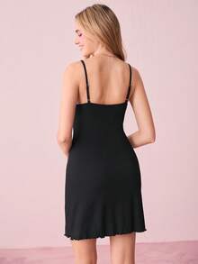 Bonmuse Lace Trim Lettuce Trim Cami Pajama Nightdress - Black - View 2