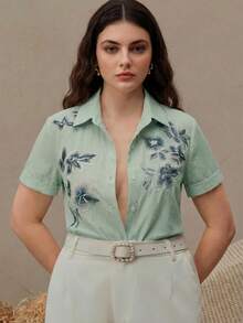 Anewsta Damen elegante Bluse mit floraler Stickerei und Kurzarm, vielseitig einsetzbar für Urlaub, moderne Mode und Pendeln - Minzgrün - Übersicht 7