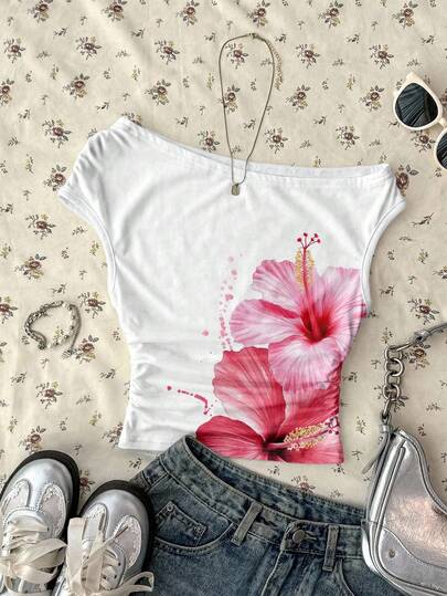 Attitoon Casual Vacation Style Pink Floral Placement Print Women's Asymmetric Ruched Cropped Top, Suitable For Spring/Summer Vacation
