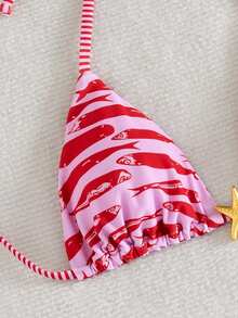 Swim Vcay 新款女士优雅 Y2K 热带海滩度假风两件式比基尼套装 - 不对称三角挂脖上衣，饰以红色鱼纹印花和条纹拼接，金色海星吊坠和可调节条纹肩带，V 型高衩性感泳裤 - 顺滑弹力速干面料 - 完美适用于夏季海滩度假、泳池派对、音乐节、婚礼、春季假期等场合 - 粉色 - 查看 7