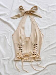 Soleia 新款性感V领系带麂皮解构女式背心，适合假日、约会、下午茶、度假、音乐节、波西米亚风、邮轮、海滩、圣诞节、新年、夜店等场合。 - 杏色 - 查看 3