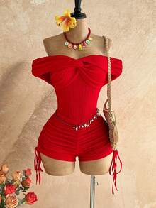 Soleia Women's Red Seksi Chic Holiday Vacation Textured Knit Off-Shoulder Ruched Drawstring Jumpsuit,Boho Beach Cruise Music Festival No Chest Padding - Red - View 9