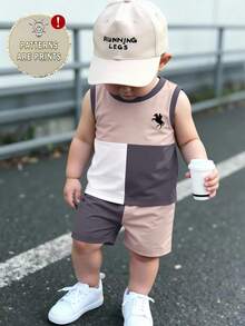 2pcs/Set Baby Boy Outfit, Fashionable Minimalist Polo Horse Logo Graphic & Colorblock Print Round Neck Vest With Colorblock Shorts, Suitable For Outings In Summer - Multicolor - View 1