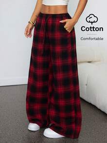 SHEIN PETITE 宽松红黑格子印花斜插口袋抽绳休闲裤 - 紅色 - 查看 6