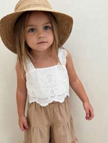 Emery Rose Kids Emery Rose Kids 2件套少女纯色梭织方领荷叶边休闲吊带背心和长裤套装 - 白色 - 查看 5
