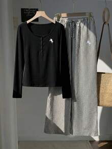 Comfortcana 2025冬季大尺碼女款休閒黑白條紋居家服Curve 2件套，刺繡鈕扣上衣與條紋長褲，感恩節穿搭 - 黑色 - 查看 8