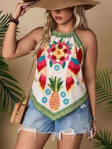 SHEIN VCAY Áo kiểu yếm cổ yếm bất đối xứng họa tiết nhiệt đới phong cách Bohemian dành cho nữ cỡ lớn mùa hè - Nhiều màu - Xem 3