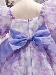 SHEIN 少女雪纺碎花方领泡泡袖蝴蝶结休闲连衣裙 - 彩色 - 查看 10