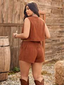 Ceyna Plus Size Women Casual Chocolate Brown Summer Boho Holiday Sleeveless 2 Pieces Set,Shorts Vacation Outfits Festival Two Piece Outfit - Brown - View 2
