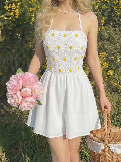 SHEIN MOD Women's Daisy Floral Lace Halter Backless Jumpsuit, Summer,Party,Wedding,Holiday Outfits For Women, Romantic, Vintage Court Style,Date,Picnic, Party, Festival, And Birthday,  French Style , Cottagecore Dress, French Style Dress, Spring/Summer Dress,,Party,Wedding,Holiday Outfits For Women,Picnic ,