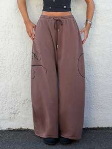 Muchica 棕色字母印花针织女式阔腿运动裤 - 棕色 - 查看 2