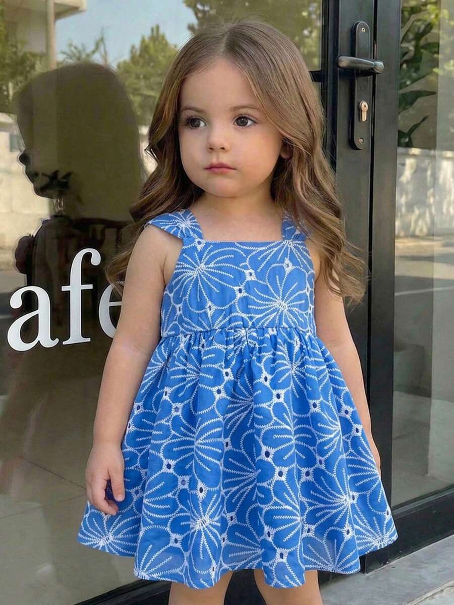 SHEIN Babygirl Summer Vacation Casual Cute Blue Floral Print Camisole Dress - Multicolor - View 1