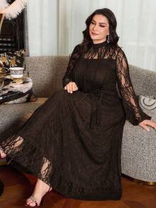 Modelyn Elegant Solid Color Lace Long Sleeve Cinched Waist A-Line Plus Size Dress, Suitable For Spring And Summer Fall - Coffee Brown - View 7