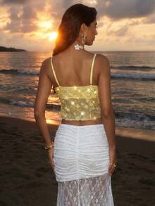 Nevyona Women's Vacation Golden Grass Light Yellow Sequin Twist Halter Sexy Holiday Beach Vest - Yellow - View 2