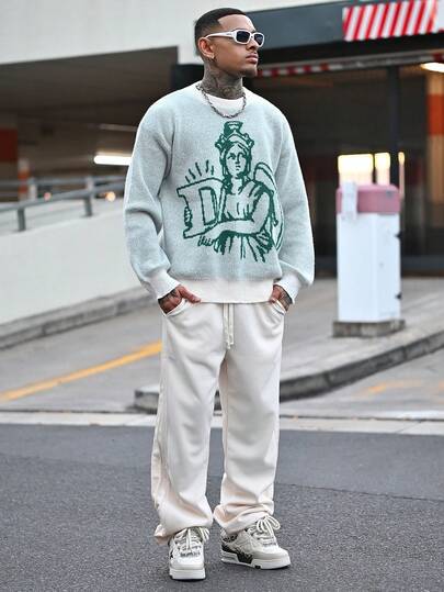 Devon Thys ANDREILEE 休闲宽松圆领印花针织套头毛衣，男女皆宜，适合春、秋、冬三季穿着。