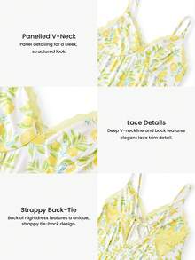 LUVLETTE 丝滑缎面蕾丝边橙色V领度假风花卉图案吊带娃娃睡裙，轻盈透气，性感迷人，适合春夏穿着。 - 黃色 - 查看 4