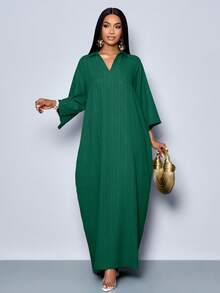 SOLERSUN 女士时尚V领宽松蝙蝠袖无腰带连衣裙，适合假日穿着，女士长款套装 - 墨綠色 - 查看 4