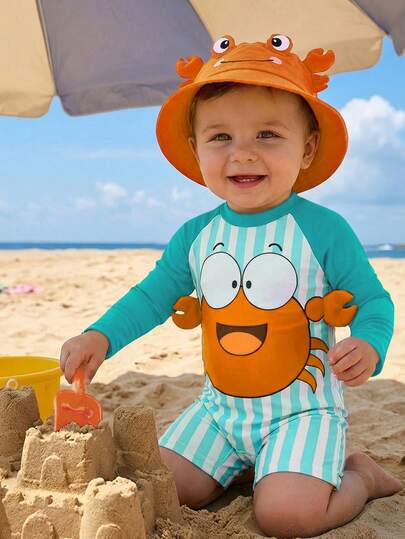 SHEIN Traje de baño de protección solar de manga larga con estampado de cangrejo azul y rayas de contraste, adecuado para vacaciones, playa, surf, para bebé niño
