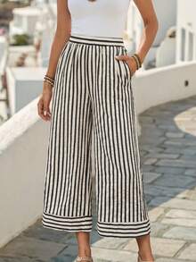 Faunlyn 女士休闲条纹印花松紧腰宽松阔腿裤夏季女式宽松裤 - 彩色 - 查看 1