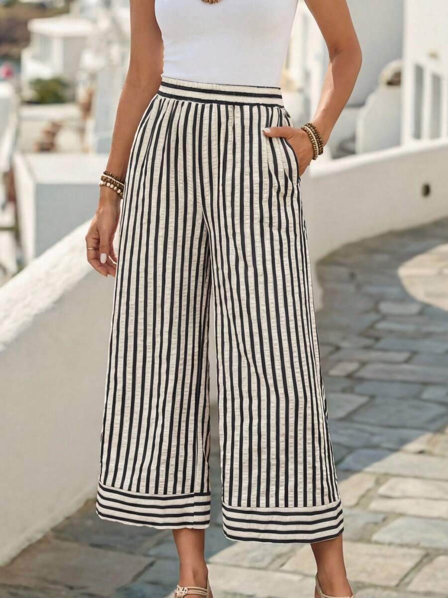 Faunlyn 女士休闲条纹印花松紧腰宽松阔腿裤夏季女式宽松裤 - 彩色 - 查看 1