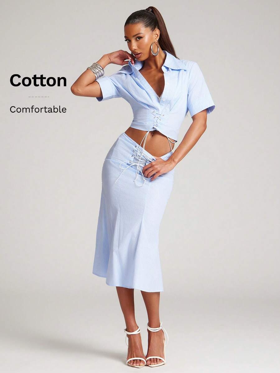 NYA SZN Bộ đồ gồm chân váy maxi và áo tay ngắn buộc dây. - Màu xanh lam - Xem 1