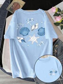 Tween Girl Vacation Casual Shell Print T-Shirt - Baby Blue - View 5