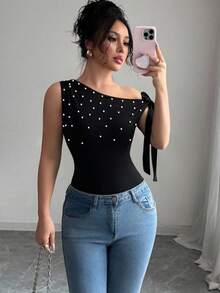 Selianne Women's Asymmetrical Shoulder Bowknot Black , Summer, Elegant, Party Night Fitted Top, White Faux Pearl Holiday Top, Carnival - Black - View 6