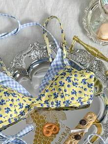 Swim Mod 女士新款格子碎花比基尼套装，两件式泳衣，适合泳池、度假、海滩、夏季穿着 - 藍色 - 查看 7