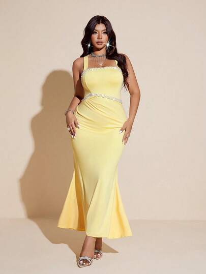 Viva Relle 大码女士派对、婚礼宾客吊带串珠褶皱鱼尾连衣裙，春夏款