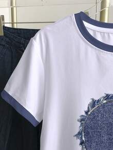 Resyla Women's Casual Heart Print Round Neck Short Sleeve T-Shirt, Summer - White - View 4