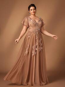 Serin Đầm cỡ lớn sang trọng, thanh lịch màu xám, cổ tàu, tay bồng, thiết kế đính kết tinh tế, vạt rộng, thích hợp cho tiệc tối, hẹn hò, dạ hội, kỳ nghỉ, đám cưới, hoặc làm đầm cho mẹ cô dâu. - Hồng - Xem 9