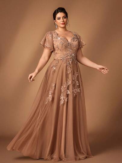 Serin Plus Size Elegant Luxurious Gray Beaded Embroidered Mandarin Collar Ruffle Sleeve Applique Design Extra-Wide Hem Dress, Suitable For Evening Party, Date, Ball, Vacation, Wedding, Bridal Mother Gown