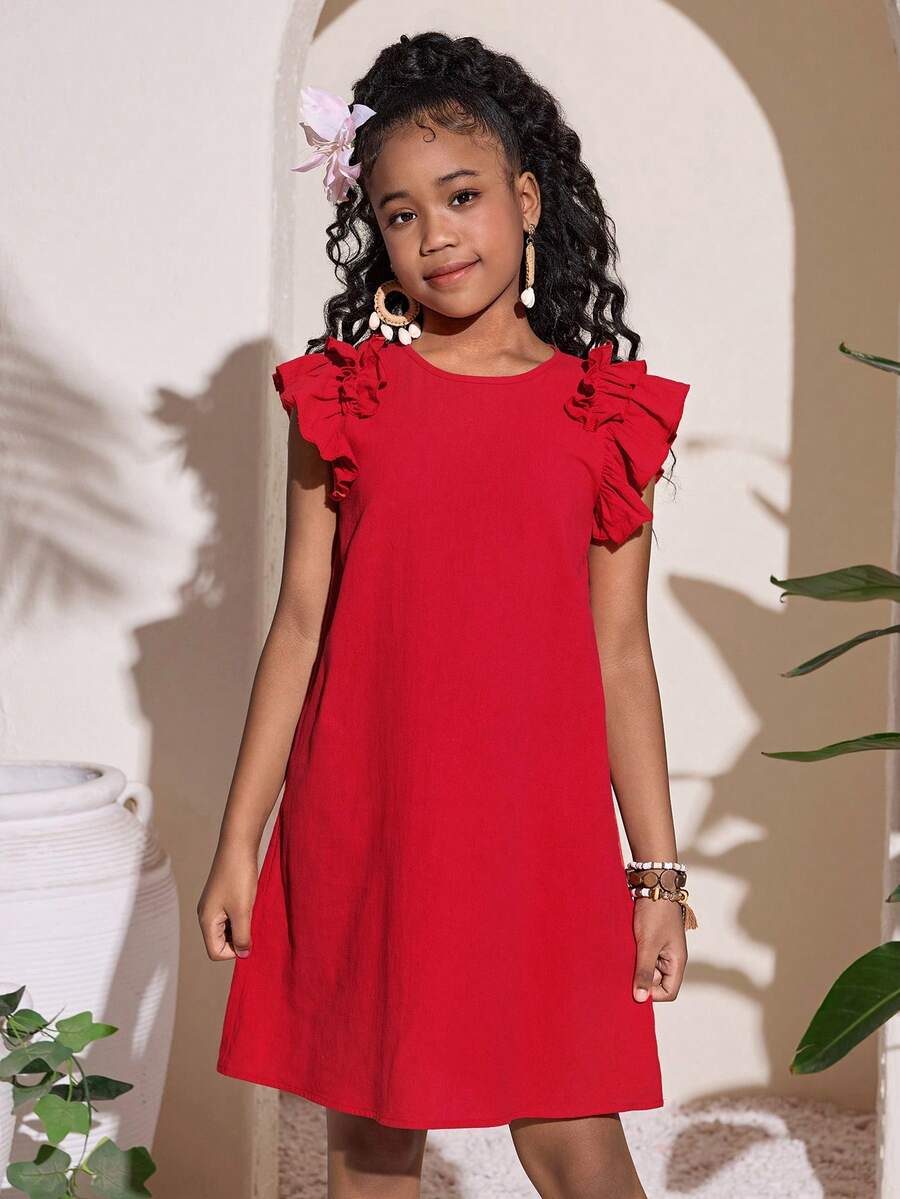 Tween Girls' Casual Daily Vacation Round Neck Ruffle Short Cap Sleeve Straight Dress, 100% Cotton - Red - View 1