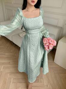 Feyla Women's Solid Color Square Neck Ruffle Hem Long Sleeve Dress Long Evening Dresses - Green - View 4