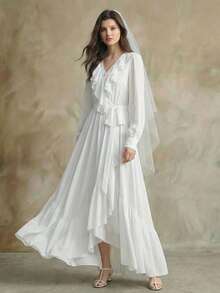 Ontre Vestido de mujer de longitud media para primavera/verano 2026, diseño de dobladillo con volantes romántico, vestido minimalista y elegante de cuello en V con botones al frente en color blanco puro, silueta evasé, tela de gasa, adecuado para salidas, vacaciones, bodas - Blanco - Ver 7