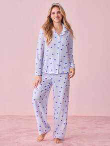 Bonmuse 女士泡泡褶皱爱心印花家居服套装，适合室内外穿着 - 藍色 - 查看 4