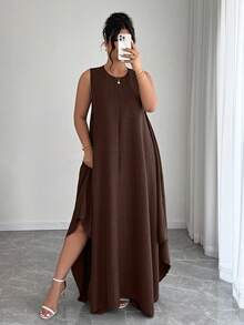 Elenzga Đầm dáng chữ A thắt eo bất đối xứng dành cho nữ cỡ lớn, thanh lịch, thích hợp đi làm, đi nghỉ mát, mặc hàng ngày. - màu nâu - Xem 6