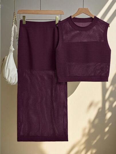 Franclia 女士夏季度假休闲镂空针织背心和裙子两件套 女士针织两件套 女士两件套套装 女士夏季两件套服装 女士套装