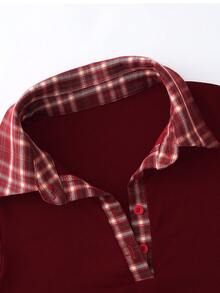 Lalippa New Retro 2 In 1 Plaid Patchwork Black Polo Collar Long Sleeve T-Shirt - Burgundy - View 4