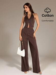 SHEIN Tall 咖啡棕色条纹OL V领露背无袖上衣+阔腿裤，显瘦修长套装，棕色条纹两件套，条纹阔腿裤，无袖吊带上衣，吊带上衣和裤子套装，女士阔腿裤套装 - 咖啡棕 - 查看 6