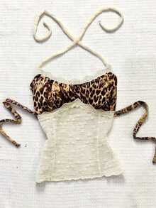 Glimmora 夏季度假复古豹纹蕾丝拼接浪漫雪纺吊带背心女装 - 彩色 - 查看 1