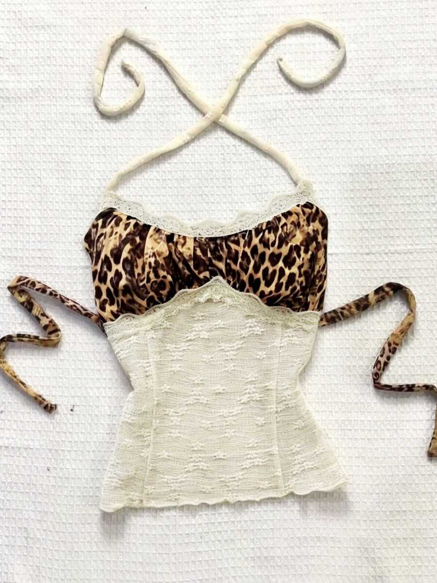 Glimmora 夏季度假复古豹纹蕾丝拼接浪漫雪纺吊带背心女装 - 彩色 - 查看 1