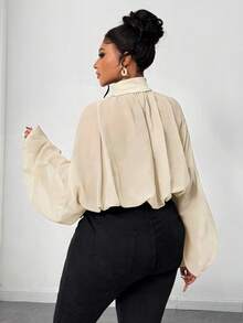 Maweii Plus Size Solid Color Turtleneck Lantern Sleeve Fashionable Cropped Shirt - Apricot - View 7