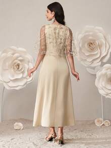 SHEIN 2pcs Maternity Elegant Dress & Embroidered Mesh Jacket Set - Apricot - View 2