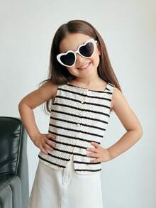 SHEIN Young Girl Striped Crew Neck Sleeveless Cardigan - Black and White - View 3