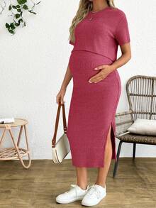 SHEIN 2 piezas Conjunto de top de punto acanalado y falda de unicolor para maternidad - Rosa - Ver 4