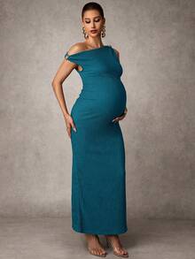 MaterniChic Maternity Solid Color Casual Everyday Dress, Asymmetrical Shoulder - Blue - View 5