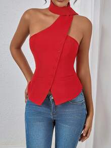 INAWLY Women's Simple Solid Color Halter Front Button Top, Summer - Red - View 1